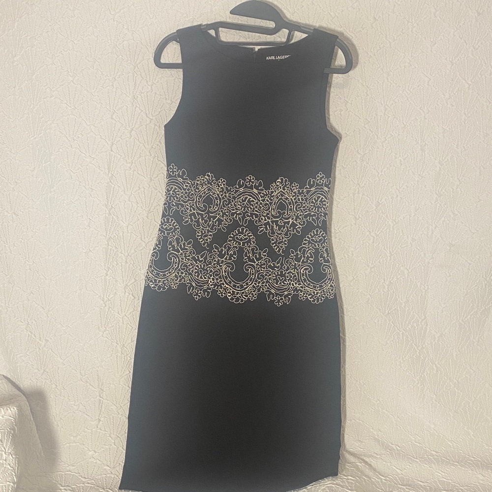 Karl Lagerfeld Black Midi Dress with Intricate White Detailing